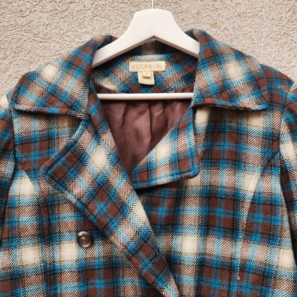 STETSON Women's Pea Coat Medium Plaid Blue Wool Blend Lined Outdoors - Picture 2 of 10